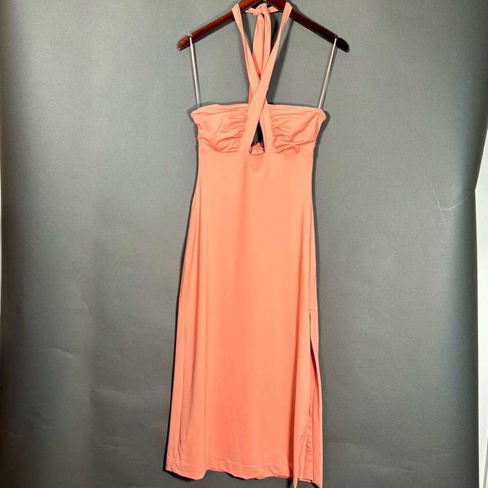 Bardot Guilia cut-out bodice dress. Sz. Small, midi length, peach